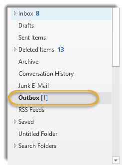 Outlook folder,s Outbox circled