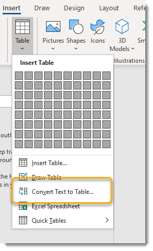 convert text to table word 2017