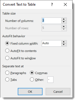 COnvert Text to Table menu