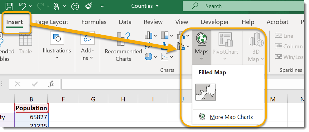 Insert tab, charts group, Maps dropdown, filled map option