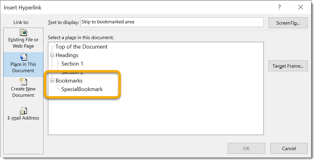 Bookmarks in Insert Hyperlink popup