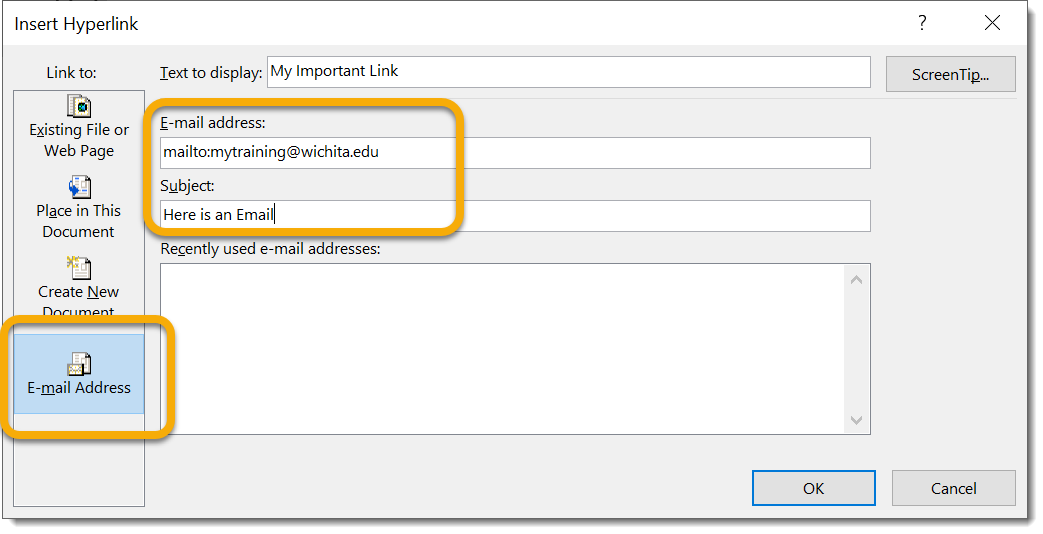 Email Address tab with email address and subject line created