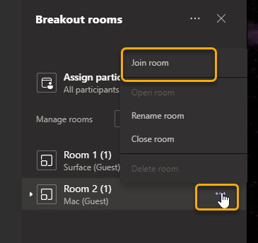 Ellipses next to room: join room option